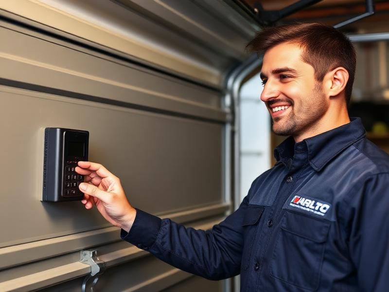 Garage Door Wheeler technician in uniform programming a garage door opener keypad