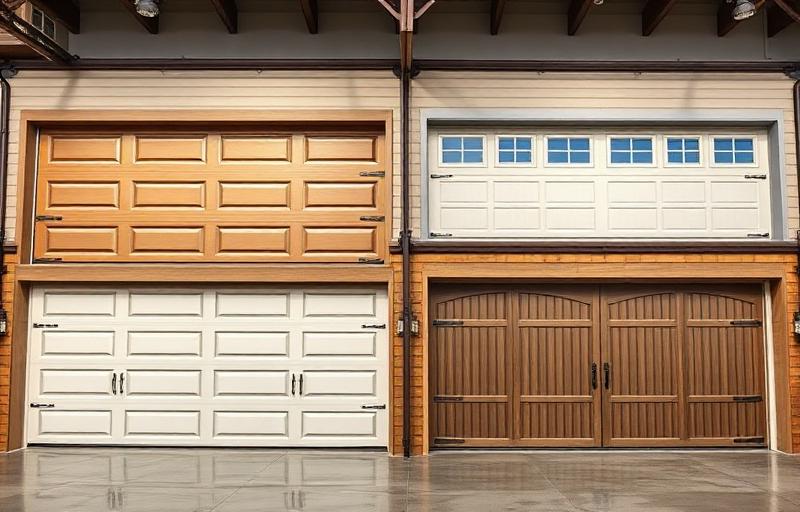 Display of various garage door brands and styles showing different design options