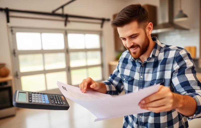 Homeowner reviewing garage door financing documents with installation professional