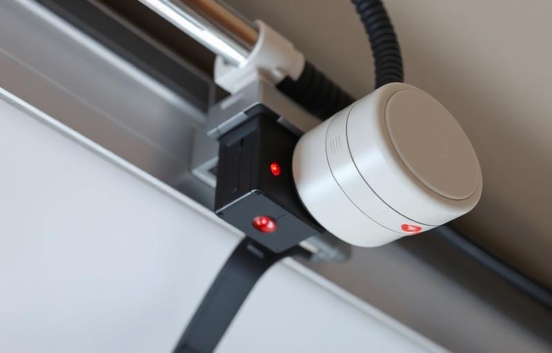 Garage door safety sensor mounted near floor showing infrared beam protection system